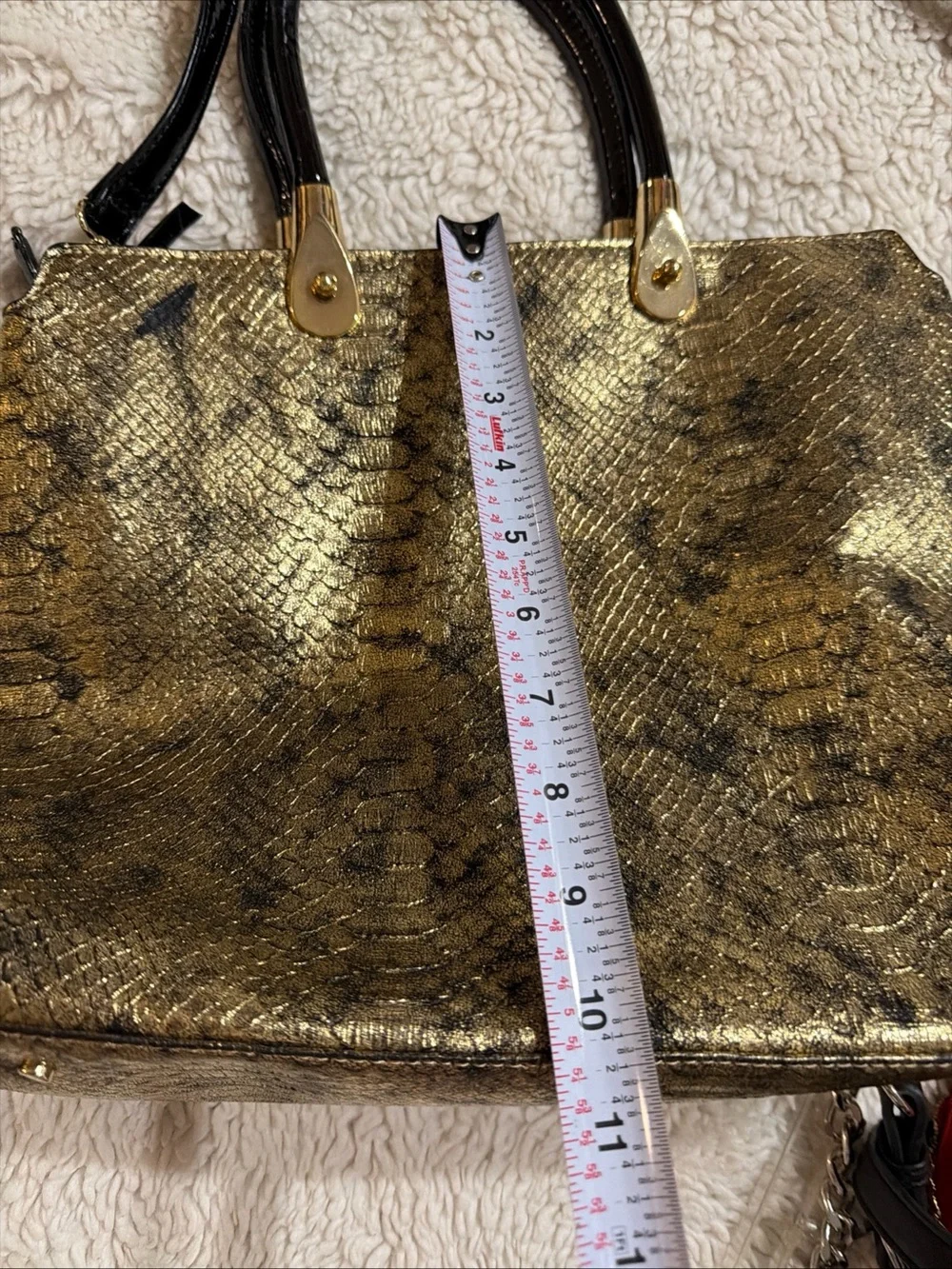 Gianni Bini Gold Snake-Texture Satchel Handbag with Black Accents